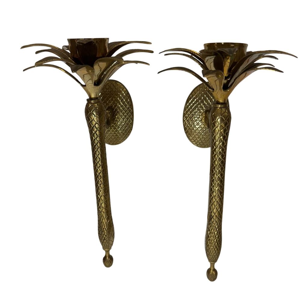2 Brass pineapple palmtree candle wall sconce 14" Hollywood Regency Style Pair